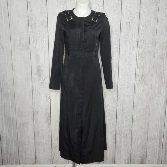 Vieste Jacket Dress, Black Maxi Length Coat with Shoulder Bow Accents, sz 42 - Picture 2 of 9
